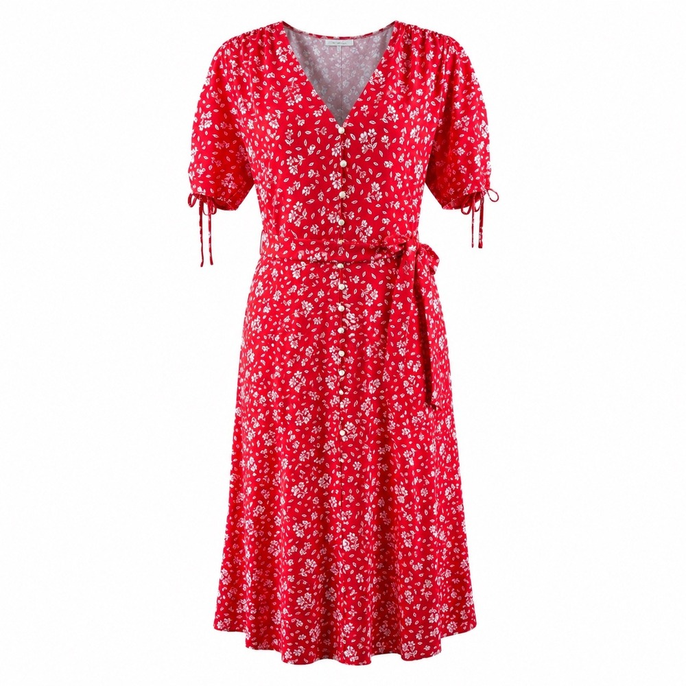 Lauren Ralph Lauren Womens 12 Midi Dress Red Floral Button Front Cottagecore - Picture 1 of 16